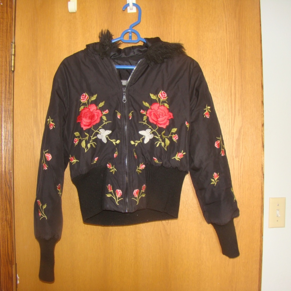 Juniors Winter Jacket Zip Up Embroidered